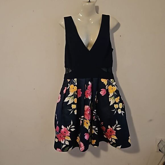 XSCAPE Women's Floral SideMesh Cutout Tutu Mini Dress 12 Navy Blue, Pink - Picture 7 of 16